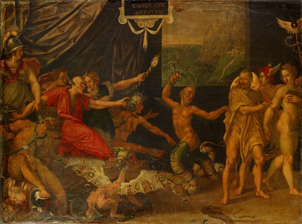 The slander of Apelles, c. 1600-1610, mixed media on canvas, 124 x 168 cm, unmarked., Inscription in Greek letters in blackboard at the top: KARROS OUK APOLLYTAI., Hans Bock d. Ä., Zabern/Elsass um 1550/52–1624 Basel