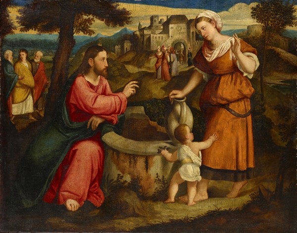 Jesus and the Samaritan woman at the Jakobbrunnen near Sichar, oil on canvas, 99 x 126.5 cm, unmarked, Bonifacio de' Pitati (Bonifacio Veronese), (?), Verona 1487–1553 Venedig