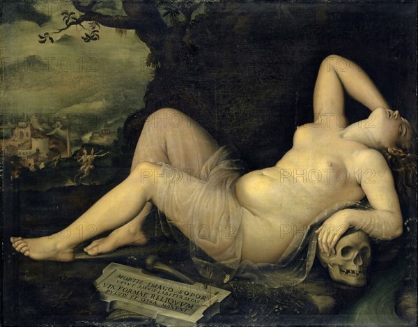 Sleep, a picture of death, oil on canvas, 114 x 144.5 cm, unmarked., On the inscription plate: MORTIS IMAGO SOPOR, VELVT AMNIS LABITVR AETAS, VIX FORMAE RELIQVVM, PVLVIS ET OSSA MANENT, Annibale Carracci, (?), Bologna 1560–1609 Rom