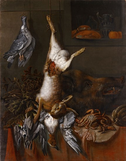 Hunting Still Life with Rabbit, 1684, oil on canvas, 142 x 112 cm, inscribed and dated right on the ledge: Henr., stravius, i 6 8 4, Hinrich Stravius, um 1640–1690 Hamburg