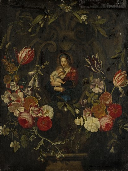 Still Life with Flower Cartridge to a Madonna and Child, oil on canvas, 76 x 57.5 cm, unsigned, Daniel Seghers, (Art (?) / style of (?)), Antwerpen 1590–1661 Antwerpen