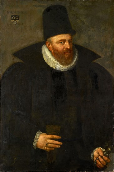 Portrait of the Mayor Hans Rudolf Huber of Basel, 1601 (?), Oil on canvas, 110 x 73 cm, unmarked., In the upper left corner: H.R.H., B. M., (with, coat of arms of the sitter) 1601, Hans Bock d. Ä., (zugeschrieben / attributed to), Zabern/Elsass um 1550/52–1624 Basel