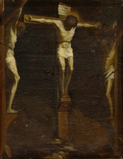 Crucifixion of Christ, 1718, oil on canvas, 123 x 93 cm, unmarked., Trilingual crosstitulus as example, Nikolaus Bernoulli d. J., Basel 1687–1769 Basel, Hans Holbein d. J., (Kopie nach / copy after), Augsburg um 1497/98–1543 London
