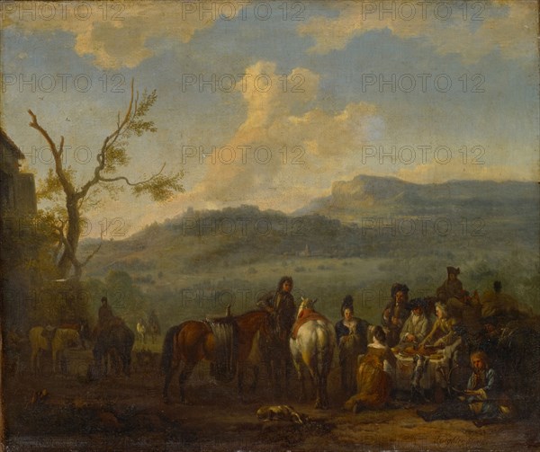 Gentle hunting party at picnic, oil on canvas, 33.5 x 39.5 cm, signed lower right: JHughtenburgh [J and H ligated], Jan van Huchtenburg, Haarlem 1646–1733 Amsterdam