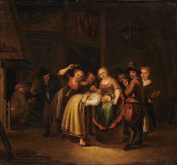 Slipper game in a tavern, oil on canvas, 39 x 36 cm, Signed on the floor below the main character: g., Lundens, Gerrit Lundens, Amsterdam 1622 – 1686 Amsterdam