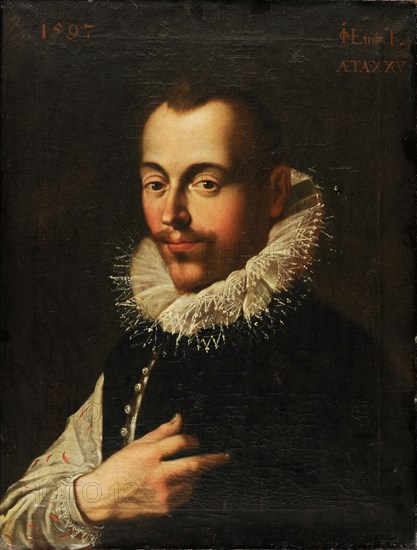 Portrait of an unknown gentleman, 1597, oil on canvas, 67 x 51.4 cm, dated on the top left: 1597 and signed on the top right: IoHEintz., F. [IHE ligated, o inscribed in I], inscribed: AETA XXV, Joseph Heintz d. Ä., Basel 1564–1609 Prag