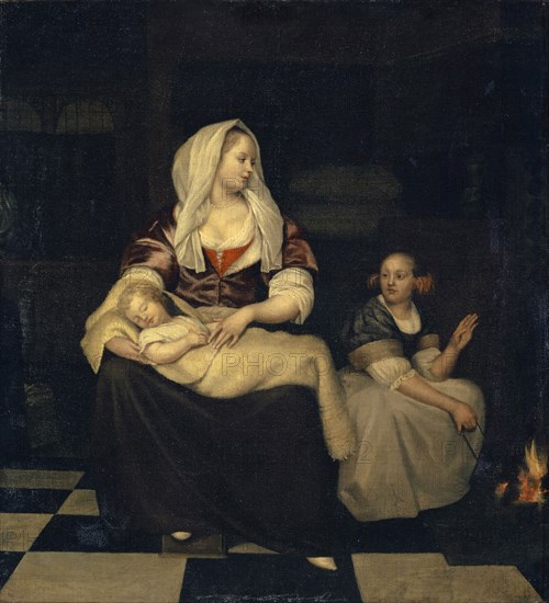 Mother with child and maid, oil on canvas, 39.5 x 36.2 cm, unsigned, Jacob Ochtervelt, Rotterdam 1634–1682 Amsterdam