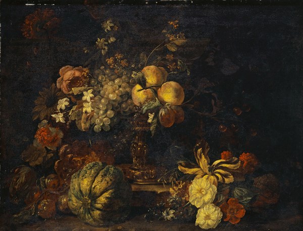 Still Life with Flowers and Fruit, 1682, oil on canvas, 71 x 91.5 cm, Signed and dated in the lower right corner: gaspar pedro Verbruggen F, including: 1682, Gaspar Peter Verbrugghen d. J., Antwerpen 1664–1730 Antwerpen