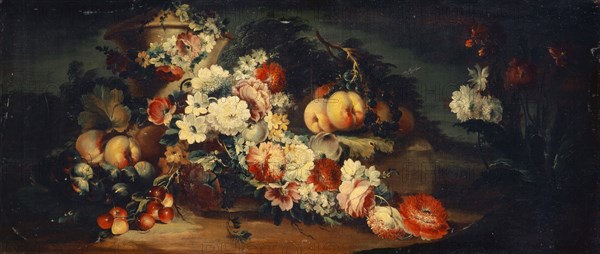 Stone vase with flowers and fruits, oil on canvas, 47 x 109 cm, unmarked, Niederländischer Meister, 18. Jh.