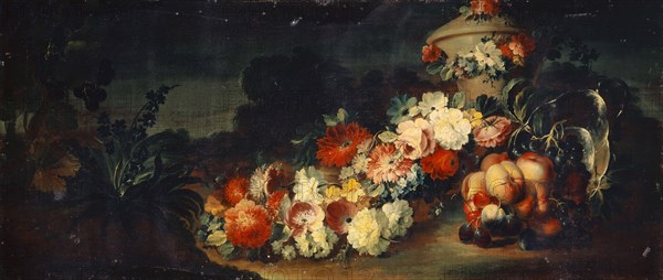 Stone vase with flowers and fruits, oil on canvas, 47 x 109 cm, unmarked, Niederländischer Meister, 18. Jh.