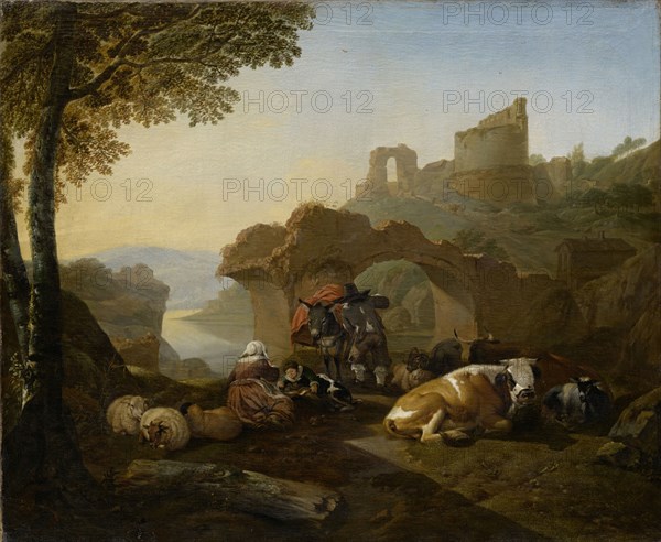 Resting shepherds, 1660, oil on canvas, 67.5 x 82 cm, signed and dated left on the lying tree trunk in the foreground: JHRoos [JHR ligiert]., fecit., i660, Johann Heinrich Roos, Otterberg 1631–1685 Frankfurt a. M.