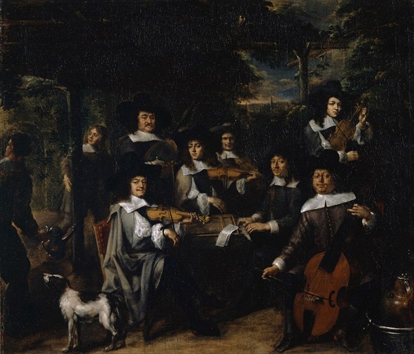 Concert in a gazebo, mid-17th century, oil on canvas, 67.5 x 79 cm, signed and dated lower right on the vessel, not completely legible: J. van Rint [el]., fe, ., 5, 9 [?], J. van Rintel, 17. Jh.