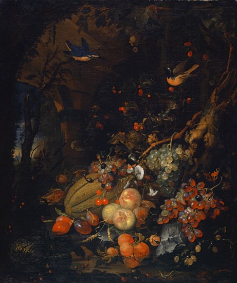 Still life with fruits and animals in a grotto, oil on canvas, 103 x 86 cm, Monogrammed on the stone lower right behind the gooseberries in umber: A I [or L?], Abraham Mignon, (Alte Kopie nach / old copy after), Frankfurt a. M. 1640–1679 Utrecht