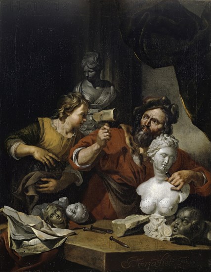 Sculptor's studio, after 1680, oil on canvas, 54.5 x 42.5 cm, signed on the right edge of the table: JToornvliet., F., Jacob Toorenvliet, Leiden 1640–1719 Oegstgeest