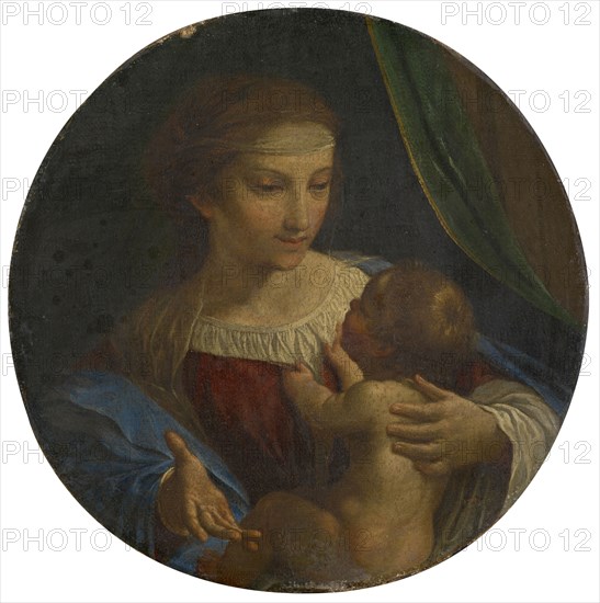 Madonna and Child, oil on canvas, diameter: 36 cm, not specified, Angelo Caroselli, Rom 1585–1652 Rom