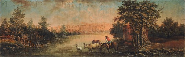 Evening landscape, oil on canvas, 34 x 107 cm, signed lower right: FFeijerabend Pinxit [FF ligiert], Franz Feyerabend, Basel 1755–1800 Basel