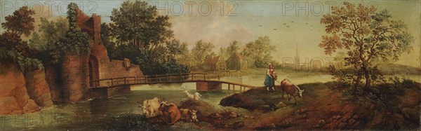 Morgenlandschaft, oil on canvas, 33 x 106 cm, signed lower right: FFeijerabend, Pinxit., [FF ligated], Franz Feyerabend, Basel 1755–1800 Basel