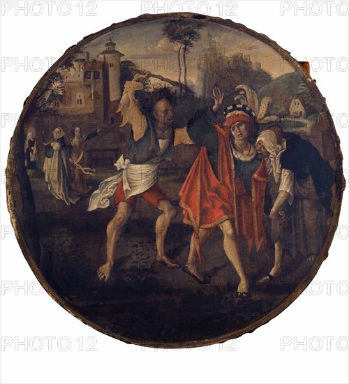 The prodigal son is expelled from the brothel house, around 1520, tempera unvarnished on unprimed canvas (handkerchief painting), 80 x 80.4 cm round, not marked, Niederländischer Meister, 16. Jh.