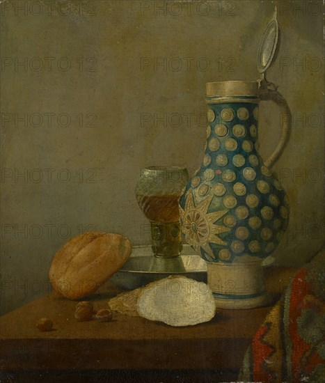 Still life with jug and glass, oil on canvas, 45 x 36.5 cm, remains of a signature in red on the far left of the front edge of the table: ... H, Niederländischer Meister, 17. Jh., (Kopie (?) / copy (?))