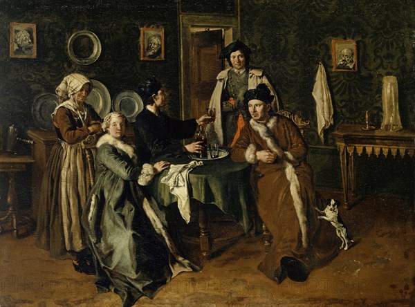 Portrait of a Family around a Table, Oil on Canvas, 56 x 73.6 cm, Unmarked, Giacomo Ceruti, 1698–1767 Mailand