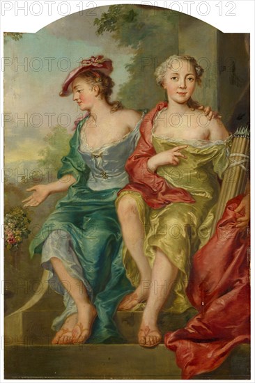 Double Portrait of Two Ladies as Shepherdesses (fragment), 1742, oil on canvas, 106 x 79 cm, signed and dated left on the leading edge of the upper step: JHKeller [JHK ligiert], 1742, Johann Heinrich Keller d. J., Zürich 1692–1765 Den Haag