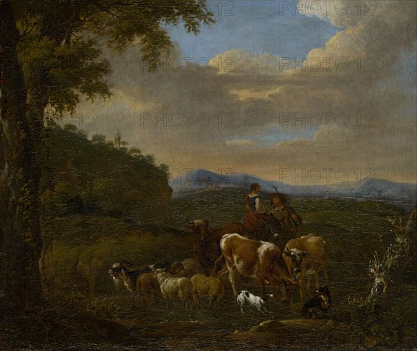 Shepherds with cows, sheep and goats, oil on canvas, 57.5 x 68 cm, bottom right of the log below the dog: Ducq, Johan le Ducq, Den Haag 1629/30–1676/77 Den Haag