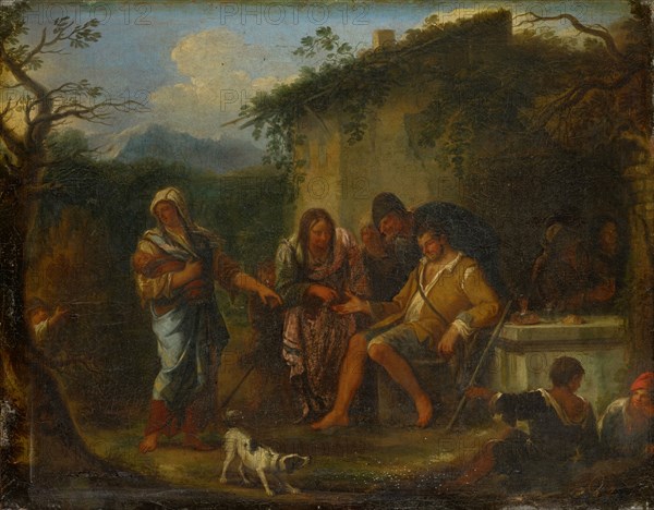 Fortune Teller in front of an Italian peasant's bar, oil on canvas, 48 x 61 cm, unmarked, Niederländischer Meister, 17. Jh.