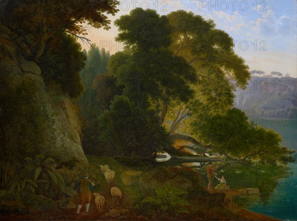 On Lago di Nemi, probably 1818, oil on canvas, 73.5 x 98 cm, monogrammed and dated lower left with red color: SB [ligatured] 1818 [1815?], Samuel Birmann, Basel 1793–1847 Basel