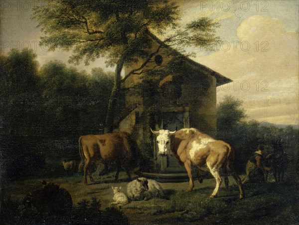 Grazing cattle, oil on canvas, 40 x 52 cm, Not specified, Dirck van Bergen, Haarlem 1645–nach 1690 Haarlem