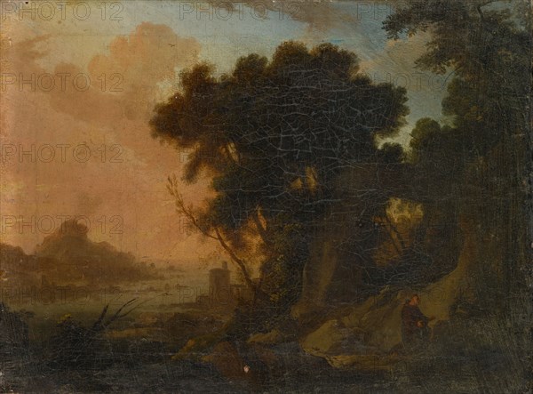 Landscape with a hermit, 1696, oil on canvas, 23 x 31 cm, Signed and dated on the rock in the foreground, slightly to the left of the center: AP [ligated] PATEL, 1696 [last digit hard to read], Pierre Antoine Patel, Paris 1648–1707 Paris