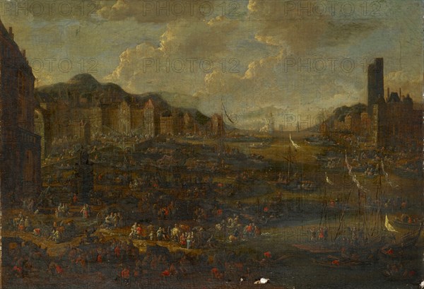 Seaport, oil on canvas, 48 x 69 cm, not specified, Adriaen Frans Boudewyns, Brüssel 1644–1719 Brüssel, Pieter Bout, Brüssel um 1640/45–1689 Brüssel