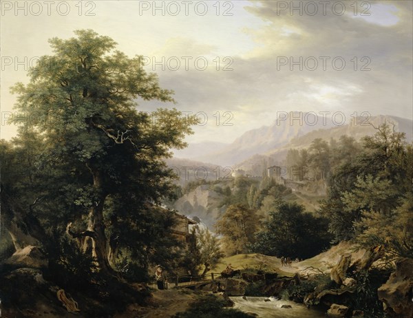 Paysage montagneux avec figures et torrent, c. 1801, oil on walnut, 72.5 x 93 cm, unmarked, Wolfgang Adam Töpffer, Genf 1766–1847 Morillon bei Genf