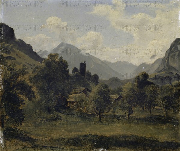 Landscape with castle, oil on paper, on cardboard, 18 x 21.5 cm, Signed on the back left: W. U. Oppermann, Wilhelm Ulrich Oppermann, Basel 1786–1852 Basel