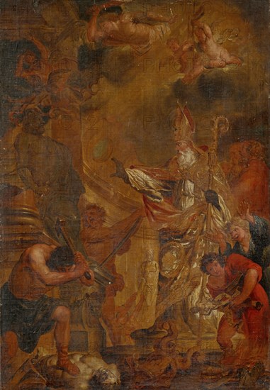 In the presence of a bishop, idols are destroyed, oil on canvas, 85 x 58.5 cm, unmarked, Venezianischer Meister, 18. Jh., (?)