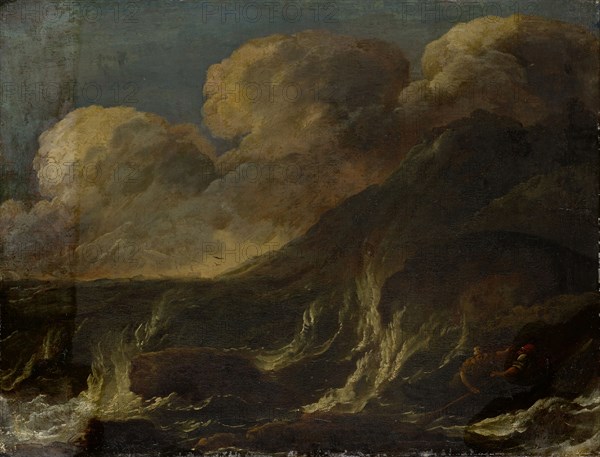Stormy sea with fishermen, oil on canvas, 48 x 64.5 cm, not specified, Salvator Rosa, (Art (?) / style of (?)), Arenella/Neapel 1615–1673 Rom