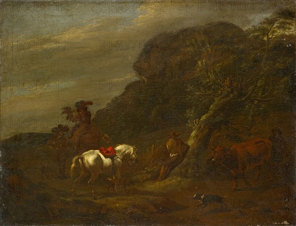 Landscape with hawk hunting, oil on canvas, 39.5 x 51 cm, not marked, Nicolaes (Claes Pietersz.) Berchem, (Kopie nach / copy after), Haarlem 1620–1683 Amsterdam
