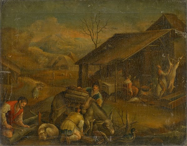 Slaughtering the Pig and Collecting Firewood: Seasonal Picture for the Winter or Monthly Picture for December, early 17th C., oil on canvas, 37 x 47 cm, unmarked, Niederländischer Meister, 17. Jh.