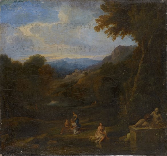Landscape with river god and women, oil on canvas, 45 x 49 cm, not marked, Gaspard Dughet (Gaspard Poussin), (Umkreis / circle), Rom 1615–1675 Rom