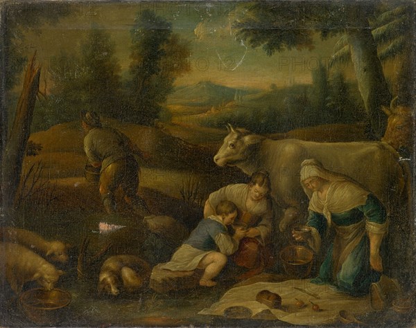 Sowing and snack in the field: Seasons image for fall or month image for October, beginning of the 17th century, oil on canvas, 37 x 47 cm, unmarked, Niederländischer Meister, 17. Jh.