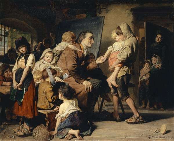 Pestalozzi with the orphans of Stans, 1879, oil on canvas, 121 x 146 cm, signed and dated lower right: K. Grob München 1879, Konrad Grob, Andelfingen/Zürich 1828–1904 München