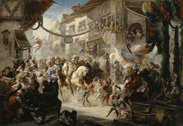 The entry of the Swiss ambassadors in Basel, 1855, oil on canvas, 118 x 170 cm, signed and dated lower right: Alb., Landerer 1855, Albert Landerer, Basel 1816–1893 Barbizon