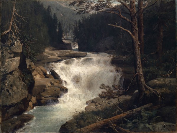Waterfall in Averstal, 1867, oil on canvas, 95.5 x 126 cm, signed and dated lower right: T. Schiess M. 1867., pinxt., Traugott Schiess, St. Gallen 1834–1869 München