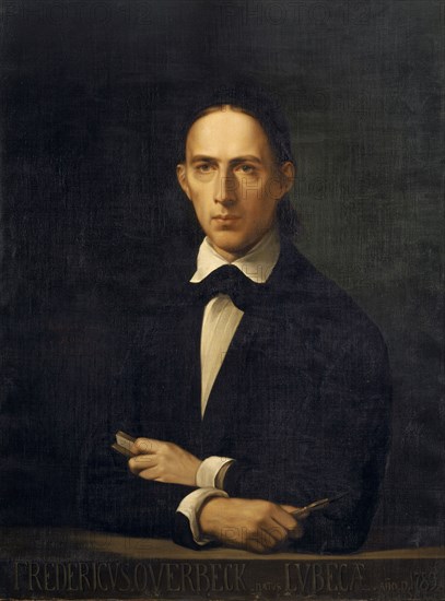 Portrait of the painter Friedrich Overbeck, 1846, oil on canvas, 98.5 x 74 cm, inscribed on the parapet: FREDERICVS.OVERBECK., NATVS LVBECAE., [AE ligated] ANO.D.1789., [N with double-stroke], Eduard Caspar Hauser, Basel 1807–1864 Le Havre