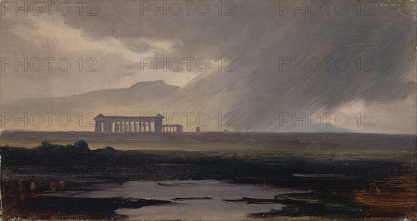 The Temples of Paestum in the Rain, 1839 or 1842, oil on paper on canvas, 13.1 x 24.6 cm, Not specified, Johann Jakob Frey, Basel 1813–1865 Frascati