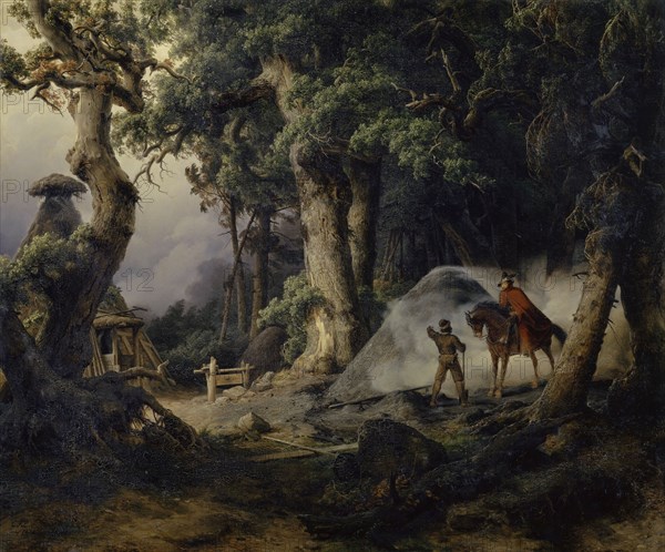 Meiler in the oak forest, 1838, oil on canvas, 77.5 x 93.5 cm, monogrammed and dated lower left: C F L, July 1838, Carl Friedrich Lessing, Breslau/Schlesien 1808–1880 Karlsruhe
