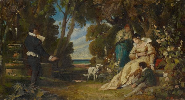 Tasso and the two Eleanors, oil on canvas on cardboard, 21.2 x 39.2 cm, signed lower right in red: C. Brünner., Karl Brünner, Karlsruhe 1847–1918 Kassel-Wilhelmshöhe