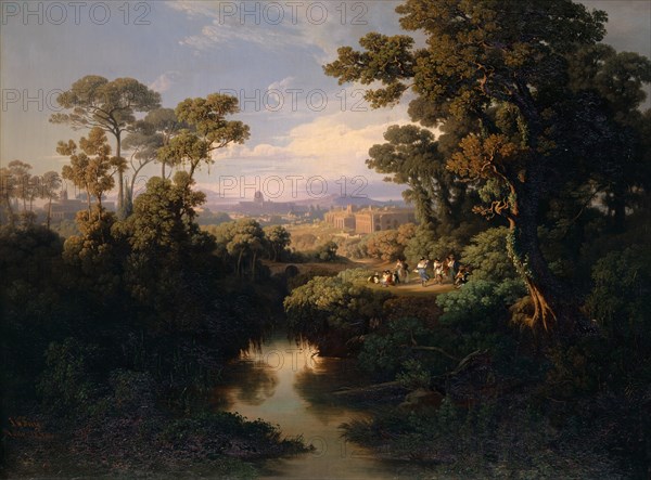 From the surroundings of Rome, 1849, oil on canvas, 67.8 x 90.7 cm, signed and dated lower left with red color: J. J. Frey, Rome 1849, Johann Jakob Frey, Basel 1813–1865 Frascati