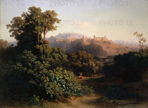 Landscape near Granada, 1852, oil on canvas, 67.2 x 91 cm, signed and dated lower right with red color: J. J. Frey., Roma 1852., Johann Jakob Frey, Basel 1813–1865 Frascati