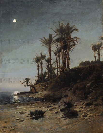 Moonlight at Bordighera, oil on canvas, 58.9 x 45.7 cm, Signed lower left: Arthur Calame ft, Jean-Baptiste Arthur Calame, Genf 1843–1919 Genf