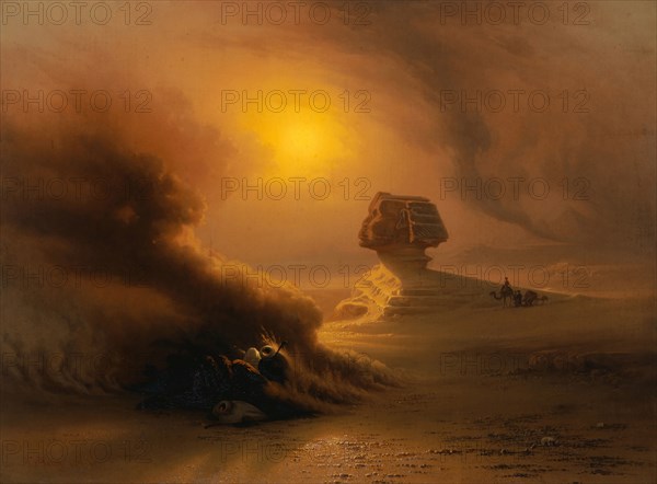 A caravan surprised by the Samum in front of the Sphinx, 1849, oil on canvas, 67.5 x 91 cm, signed and dated lower left: J. J. Frey., 1849th, Johann Jakob Frey, Basel 1813–1865 Frascati